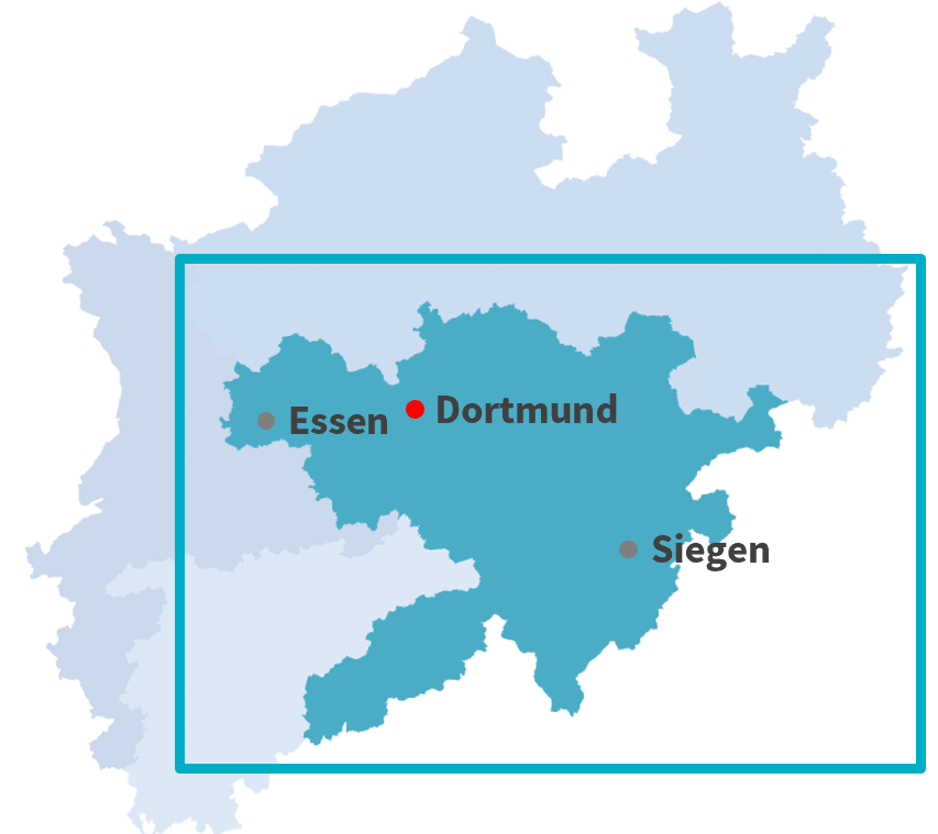 Karte der Axa Gebietsdirektion Dortmund für offene Vertriebsjobs rund um Dortmund und Umgebung